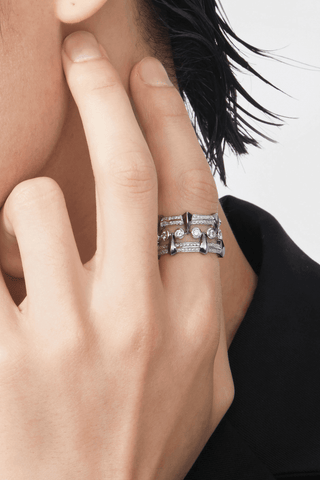 9K White and Black Gold 3 Rows Lab-Grwon Diamonds Ring