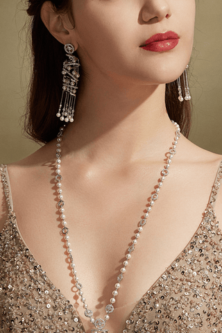 Lab Diamond and Akoya Pearl Long Drop Earrings in White Gold - Large - Zaiyou Jewelry