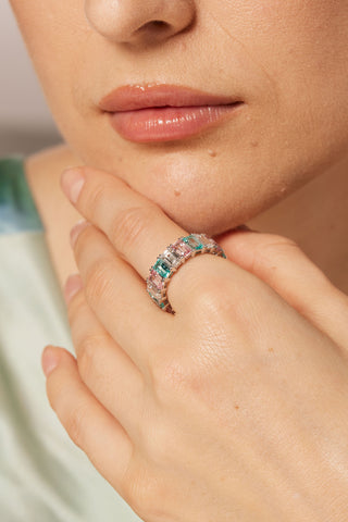 EMERALD-CUT LAB-GROWN SAPPHIRE, YAG PARAIBA & DIAMOND VIBRANT ETERNITY RING IN 18K GOLD