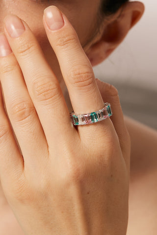 EMERALD-CUT LAB-GROWN SAPPHIRE, YAG PARAIBA & DIAMOND VIBRANT ETERNITY RING IN 18K GOLD