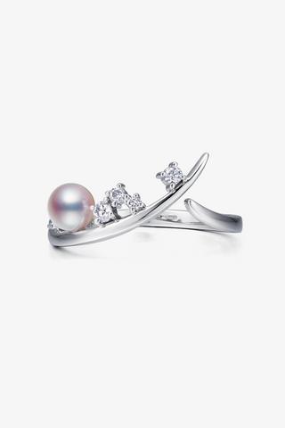 Lab Diamond and Akoya Pearl Single Loop Ring in Yellow/White Gold-Zaiyou Jewelry