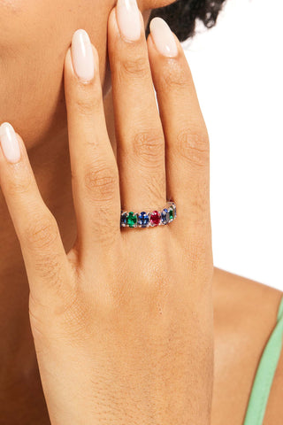 OVAL-CUT LAB-GROWN SAPPHIRE, EMERALD & RUBY VIBRANT ETERNITY RING IN 18K GOLD
