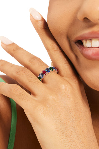 OVAL-CUT LAB-GROWN SAPPHIRE, EMERALD & RUBY VIBRANT ETERNITY RING IN 18K GOLD