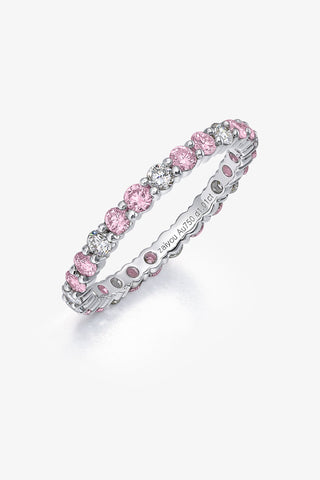 ROUND-CUT LAB-GROWN PINK SAPPHIRE & DIAMOND VIBRANT ETERNITY RING IN 18K GOLD