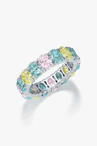 OVAL-CUT LAB-GROWN PINK SAPPHIRE, PARAIBA YAG & YELLOW SAPPHIRE VIBRANT ETERNITY RING IN 18K GOLD