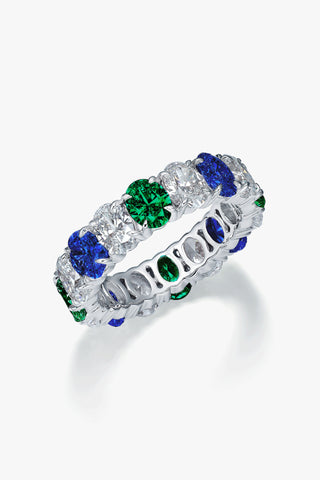 OVAL-CUT LAB-GROWN SAPPHIRE, EMERALD & DIAMOND VIBRANT ETERNITY RING IN 18K GOLD