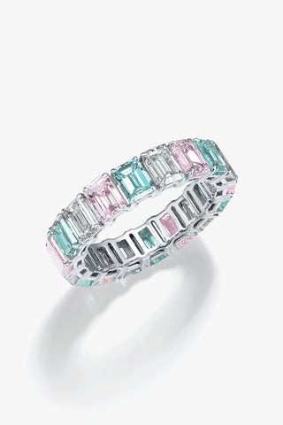 EMERALD-CUT LAB-GROWN SAPPHIRE, YAG PARAIBA & DIAMOND VIBRANT ETERNITY RING IN 18K GOLD