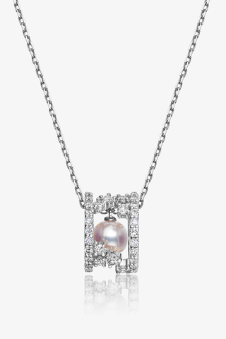 Lab Diamond and Akoya Pearl Circle Necklace in 14k Yellow/White Gold