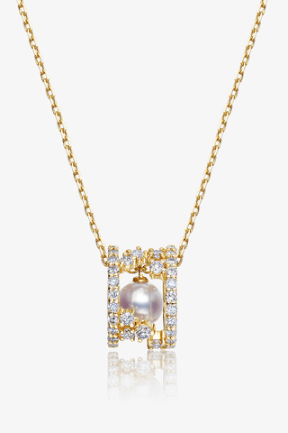 Lab Diamond and Akoya Pearl Circle Necklace in 14k Yellow/White Gold