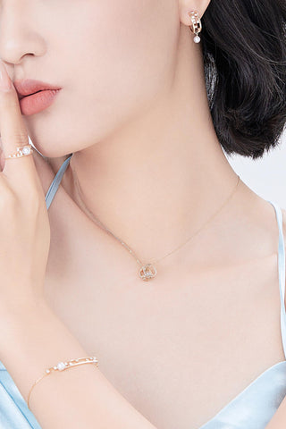 Lab Diamond and Akoya Pearl Circle Necklace in 14k Yellow/White Gold