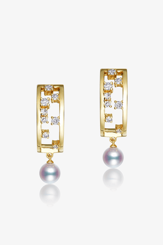 Lab Diamond and Akoya Pearl Hoop Earrings in 14k Yellow/White Gold