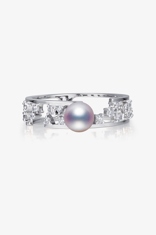 Lab Diamond and Akoya Pearl Double loops Ring in 14k Yellow/White Gold