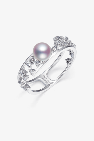 Lab Diamond and Akoya Pearl Double loops Ring in 14k Yellow/White Gold