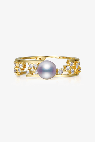 Lab Diamond and Akoya Pearl Double loops Ring in 14k Yellow/White Gold