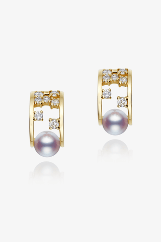 Lab Diamond and Akoya Pearl Stud Earrings in 14k Yellow/White Gold