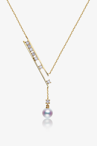 Lab Diamond and Akoya Pearl Drop Necklace in 14k Yellow/White Gold
