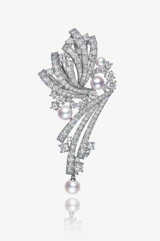Lab Diamond and Akoya Pearl Brooch in White Gold - Zaiyou Jewelry