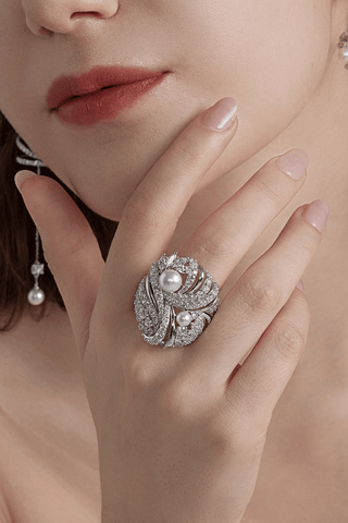 Lab Diamond and Akoya Pearl Cocktail Ring in White Gold - Zaiyou Jewelry