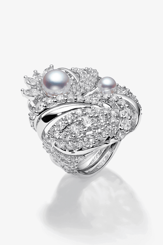 Lab Diamond and Akoya Pearl Cocktail Ring in White Gold - Zaiyou Jewelry