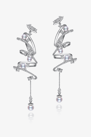 Lab Diamond and Akoya Pearl Drop Earrings in White Gold - Medium - Zaiyou Jewelry