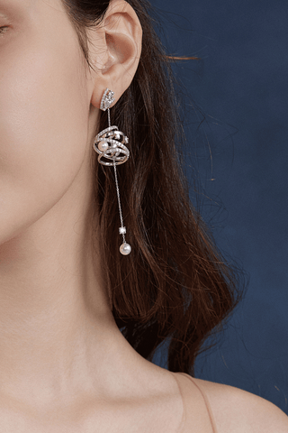 Lab Diamond and Akoya Pearl Long Drop Earrings in White Gold - Zaiyou Jewelry