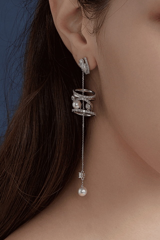 Lab Diamond and Akoya Pearl Long Drop Earrings in White Gold - Zaiyou Jewelry