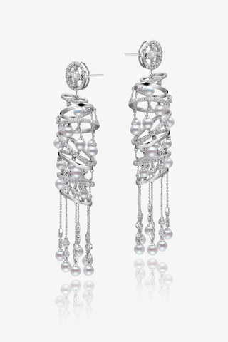 Lab Diamond and Akoya Pearl Long Drop Earrings in White Gold - Large - Zaiyou Jewelry