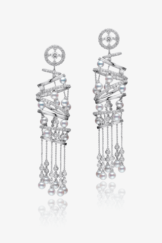 Lab Diamond and Akoya Pearl Long Drop Earrings in White Gold - Large - Zaiyou Jewelry