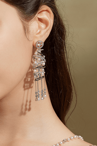 Lab Diamond and Akoya Pearl Long Drop Earrings in White Gold - Large - Zaiyou Jewelry