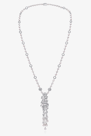 Lab Diamond and Akoya Pearl Long Necklace in White Gold - Zaiyou Jewelry