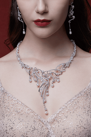 Lab Diamond and Akoya Pearl Unique Wedding Necklace in White Gold - Zaiyou Jewelry