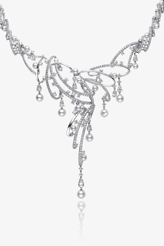 Lab Diamond and Akoya Pearl Unique Wedding Necklace in White Gold - Zaiyou Jewelry