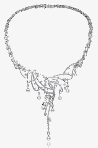 Lab Diamond and Akoya Pearl Unique Wedding Necklace in White Gold - Zaiyou Jewelry
