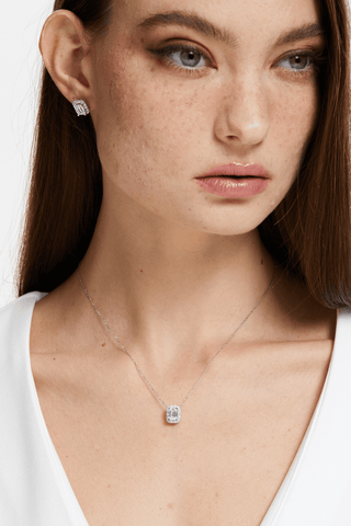 Emerald-cut Lab Diamond Halo Pendant in White Gold - Zaiyou Jewelry