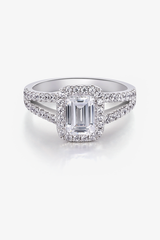 Emerald-cut Lab Diamond Halo Engagement Ring in White Gold - Zaiyou Jewelry