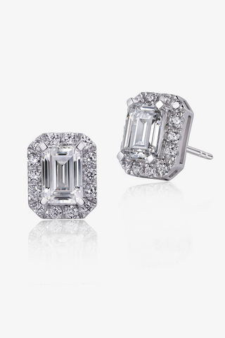Emerald-cut Lab Diamond Halo Stud Earrings in White Gold - Zaiyou Jewelry