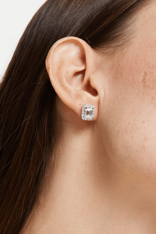 Emerald-cut Lab Diamond Halo Stud Earrings in White Gold - Zaiyou Jewelry