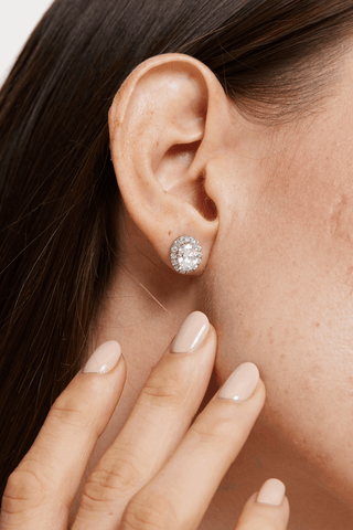 Oval Lab Diamond Halo Stud Earrings in White Gold - Zaiyou Jewelry