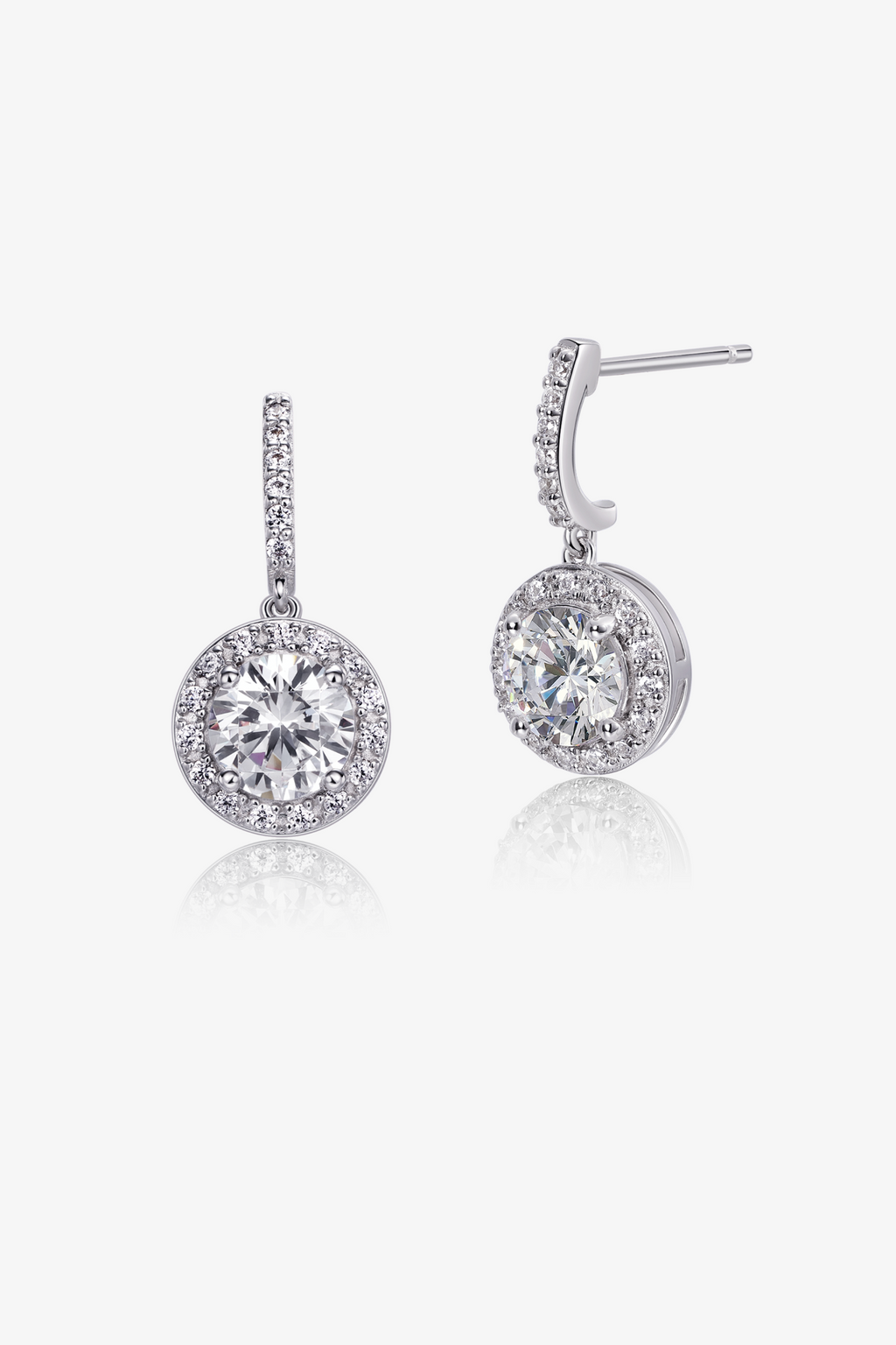 Round Lab Diamond Halo Drop Earrings in White Gold Zaiyou Jewelry
