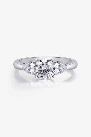 Three Stone Round Lab Diamond Engagement Ring in White Gold - Pear Side Stones - Zaiyou Jewelry