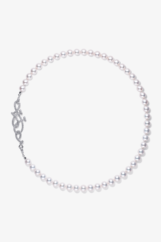 Lab Grown Diamond Clasp With Akoya Pearl Necklace in White Gold -Large - Zaiyou Jewelry