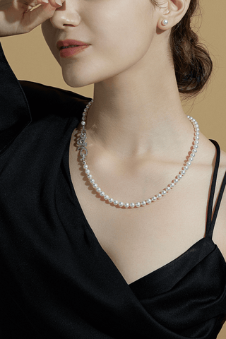 Lab Grown Diamond Clasp With Akoya Pearl Necklace in White Gold - Small - Zaiyou Jewelry