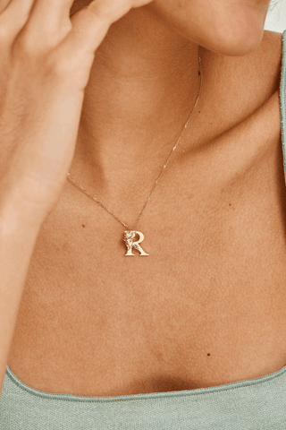 Lab Diamond Alphabet Letter “R” Pendant in Yellow Gold - Zaiyou Jewelry