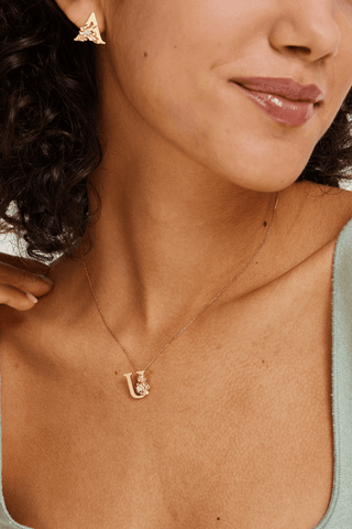 Lab Diamond Alphabet Letter “U” Pendant in Yellow Gold - Zaiyou Jewelry