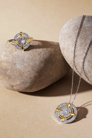 Lab Diamond Antique Compass Pendant in White and Yellow Gold - Zaiyou Jewelry