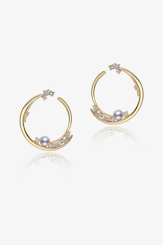 Lab Diamond and Akoya Pearl Circle Earrings in Yellow/White Gold-Zaiyou Jewelry