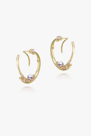 Lab Diamond and Akoya Pearl Circle Earrings in Yellow/White Gold-Zaiyou Jewelry