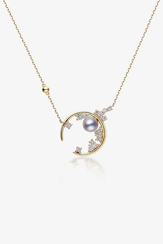 Lab Diamond and Akoya Pearl Circle Necklace in Yellow/White Gold-Zaiyou Jewelry