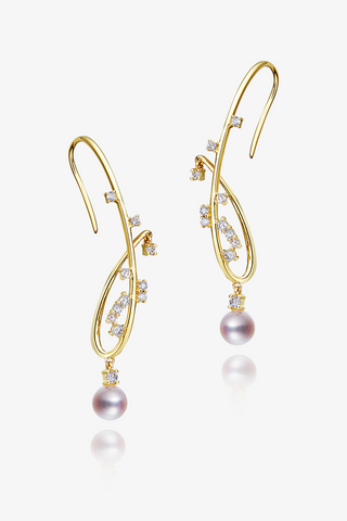 Lab Diamond and Akoya Pearl Drop Earrings in Yellow/White Gold-Zaiyou Jewelry