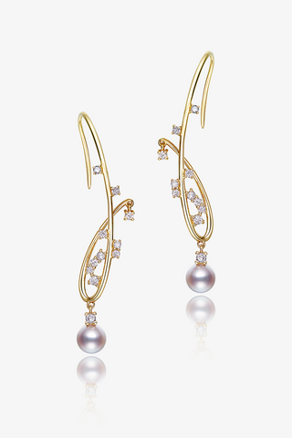 Lab Diamond and Akoya Pearl Drop Earrings in Yellow/White Gold-Zaiyou Jewelry